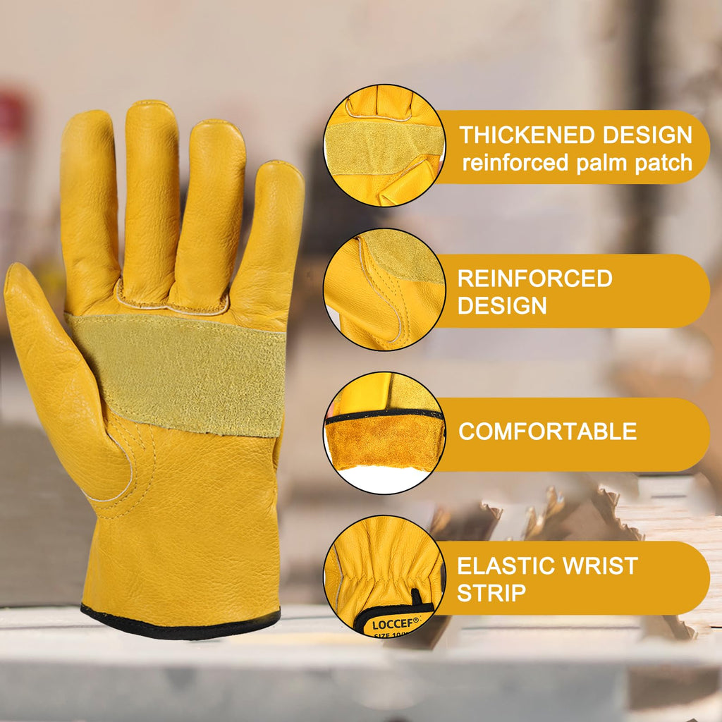LOCCEF 2 Pairs Leather Work Gloves for Men and Women,Cowhide Leather Gloves Utility Working Gloves (Yellow, 11/XXL)