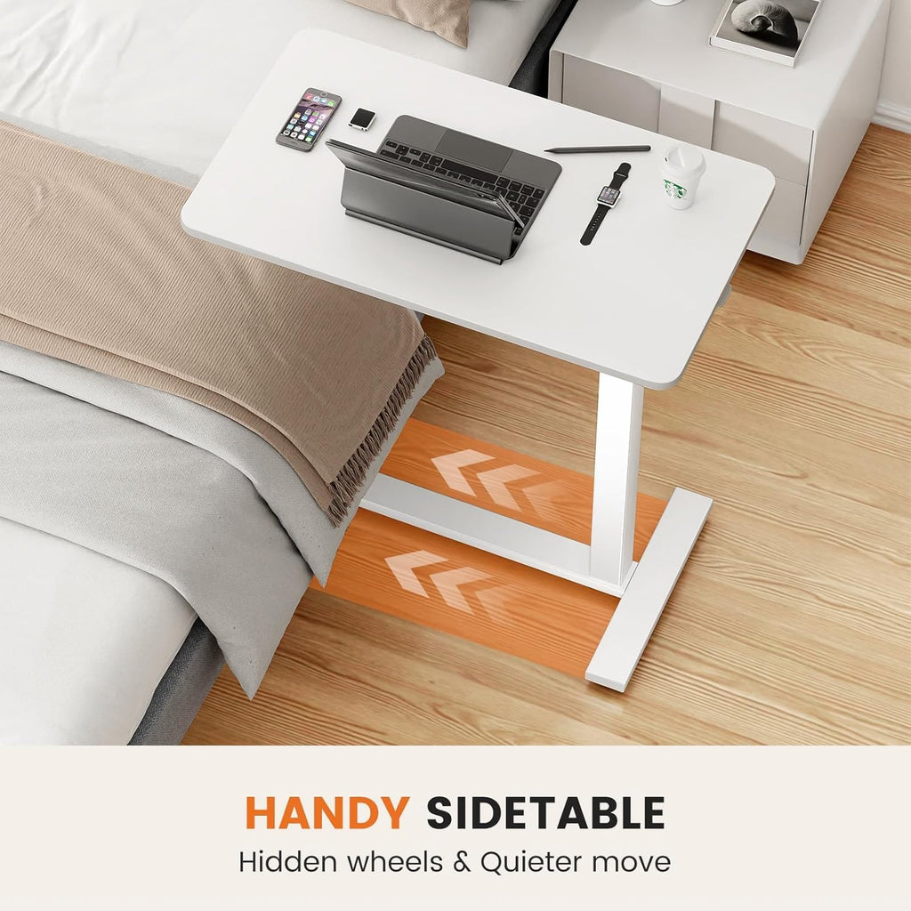 Sweetcrispy Overbed Bedside Table with Wheels, Adjustable Hospital & Home Use Bed Rolling Laptop Table, Mobile Standing Desk, White
