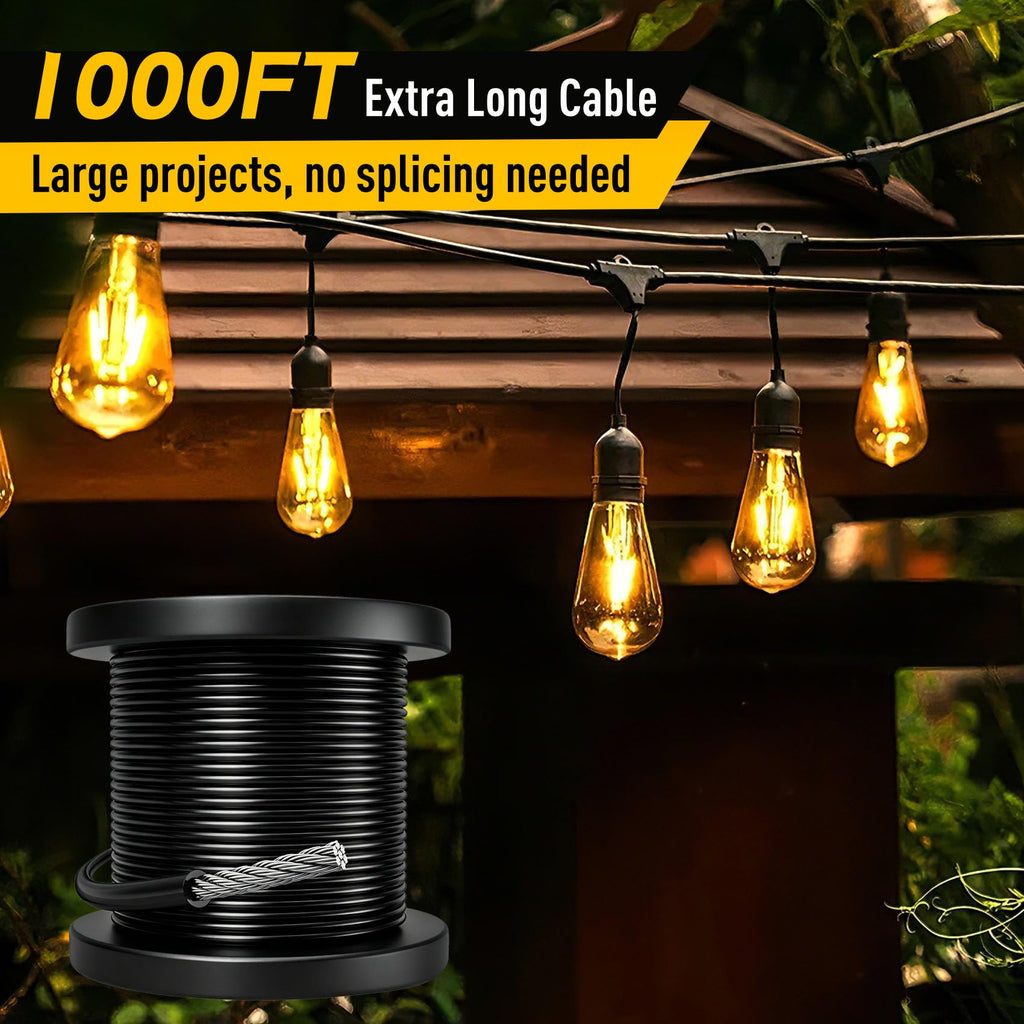 Vinyl Coated Wire Rope 304 Stainless Steel Coated Wire Cable-Black, 1/16" OD to 3/32" x 1000FT, with 300 Pcs Crimping Sleeves-Cable for String Lights, Suitable for Clotheslines