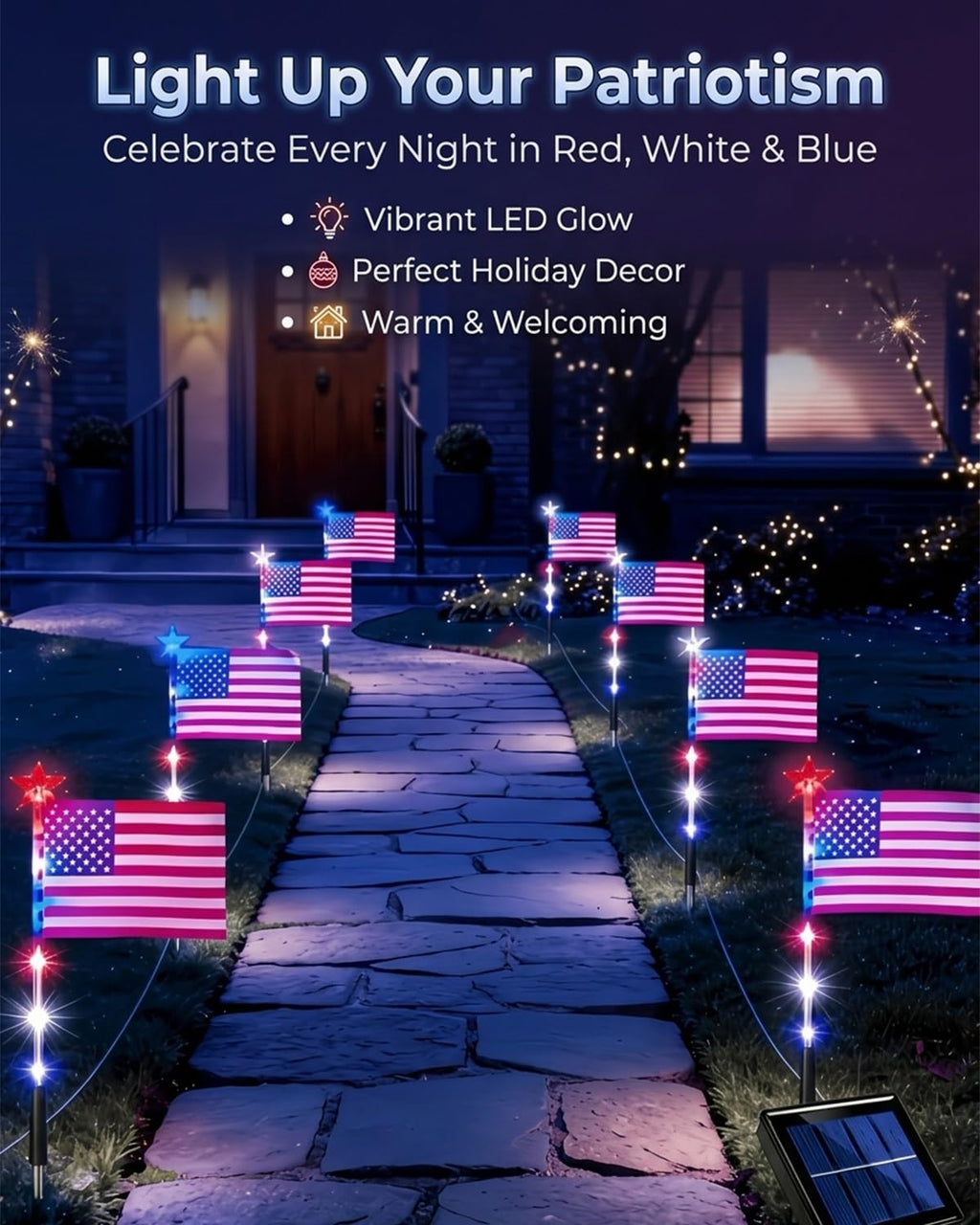 VUHIYOM 8 Piece Flag Light Set, Solar American Flag Lights Outdoor, 4th of July Pathway Stake for 250th Anniversary, Patriotic Red White Blue Decorations for Garden Yard, Waterproof Auto On/Off
