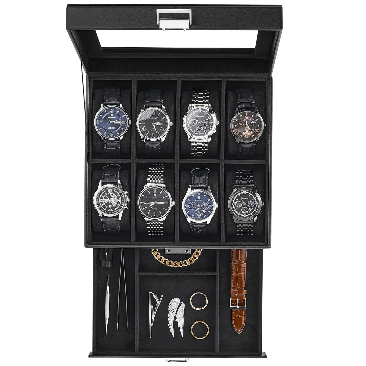 ProCase Watch Case, 8 Slot Mens Watch Box with Drawer -Black