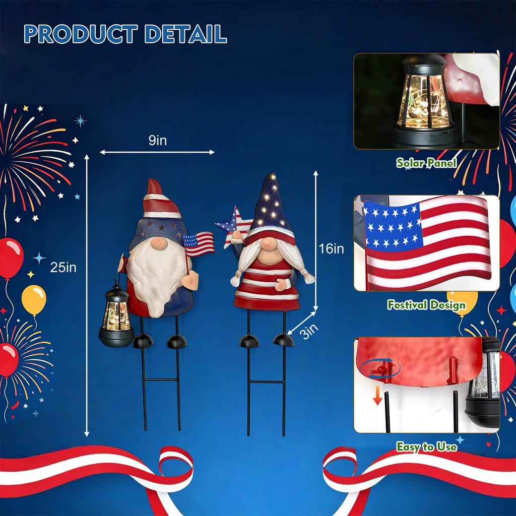 HONGLAND Solar Patriotic Gnomes Garden Stakes - 4th of July Decorations 25" American Flag Garden Gnomes Outdoor Decor for Outdoor & Memorial Day Yard Art 2 Pack