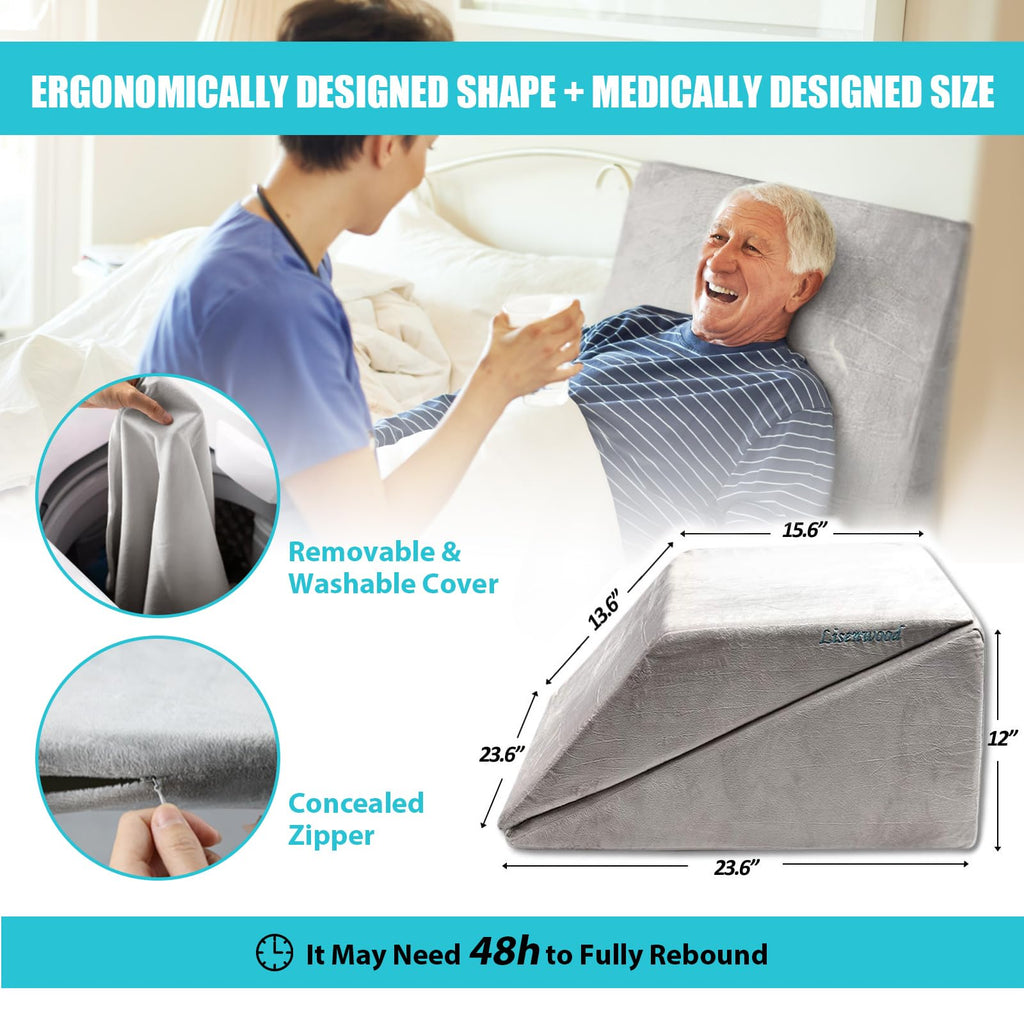 Lisenwood Foam Bed Wedge Pillow Set - Reading Pillow & Back Support Wedge Pillow for Sleeping - 2 Separated Sit Up Pillows for Bed - Angled Bed Pillow, Triangle Pillow for Back and Legs Support Gray