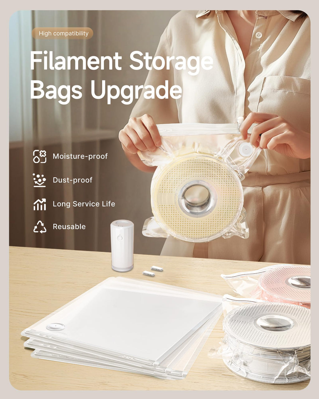 Filament Storage Bags with Auto Pump - Upgraded 20 Extra Large Filament Bags (14.9 * 13 inch) Plus 20 Desiccants and 5 Clips - Extra Large Filament Vacuum Bags Designed for Bambulab Reusable Spool