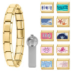 papasgix Italian Charm Bracelet Charms Gold Silver Set with 1pc Starter Brascelet, 10pcs Assorted Italian Charms for Bracelets and 1pc Opening Tool, 9mm Modular Italian Charm Bulk Pack Links Handmade DIY Jewelry (Gold)