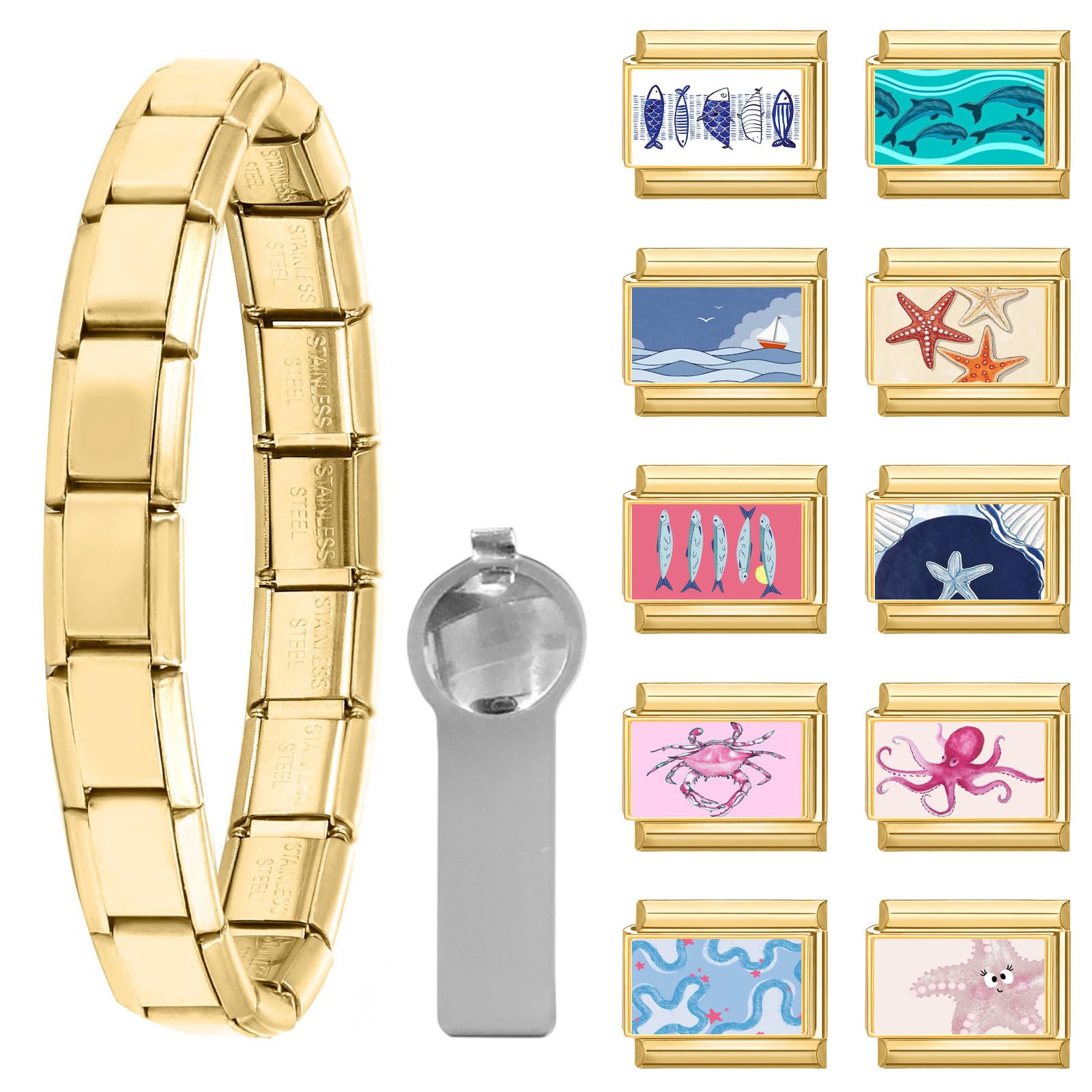 papasgix Italian Charm Bracelet Charms Gold Silver Set with 1pc Starter Brascelet, 10pcs Assorted Italian Charms for Bracelets and 1pc Opening Tool, 9mm Modular Italian Charm Bulk Pack Links Handmade DIY Jewelry (Gold)