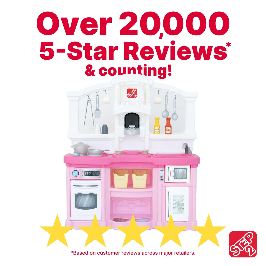 Step2 Fun with Friends Kids Kitchen Playset, Indoor/Outdoor Kitchenette, Interactive Play with Lights and Sounds, Durable Plastic, Includes 25 Piece Toy Accessories, Toddlers 2+ Years Old, Pink