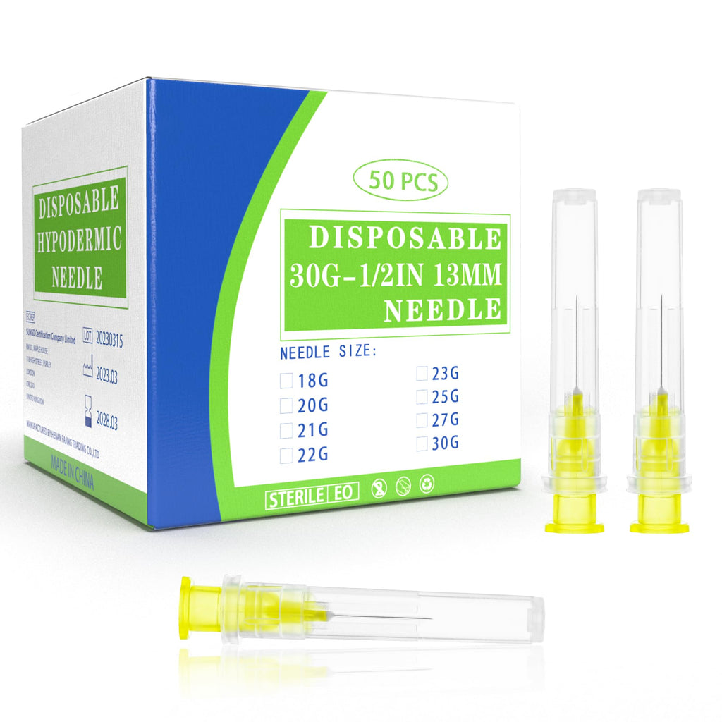 30 Gauge 1/2 Inch Disposable Needles with Caps - Luer Lock Lab Dispensing Accessories Individually Wrapped, Box of 50