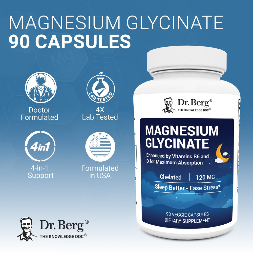 Dr. Berg Magnesium Glycinate 90ct – 4-in-1 Chelated for Muscle, Nerve, Sleep & Stress Support*– w/ D3, B6 & Zinc – 4X Lab-Tested – No Fillers – Formulated in USA, GMP-Certified