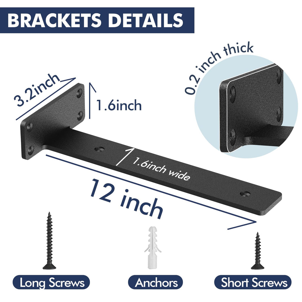 Starunder 4 Pack Floating Shelf Brackets,12 inch Heavy Duty Industrial Shelf Bracket, Black Metal L Brackets for Shelves Support DIY(1/5 Inch Thicked)