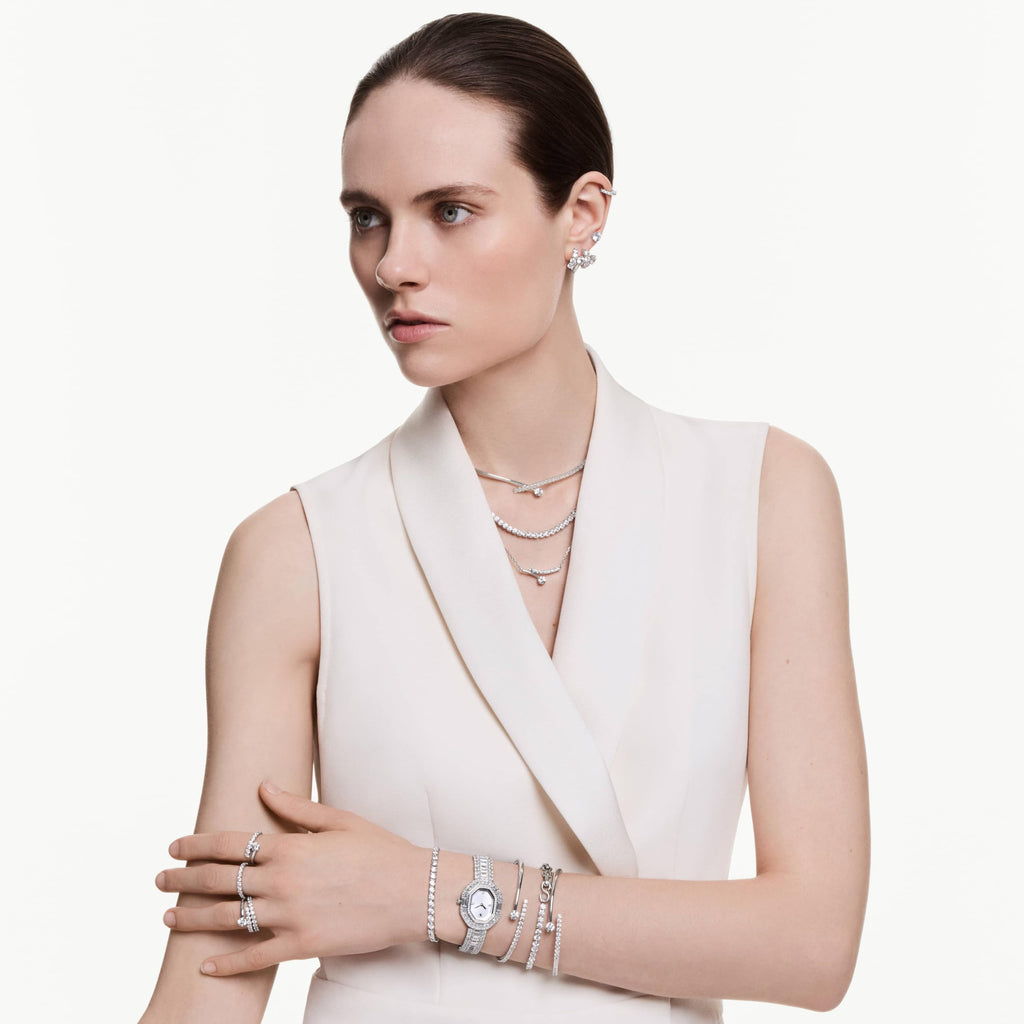 Swarovski Matrix Vittore Mini Hoop Pierced Earrings with White Circle Cut Crystal on a Rhodium Plated Setting with a Hinged Closure