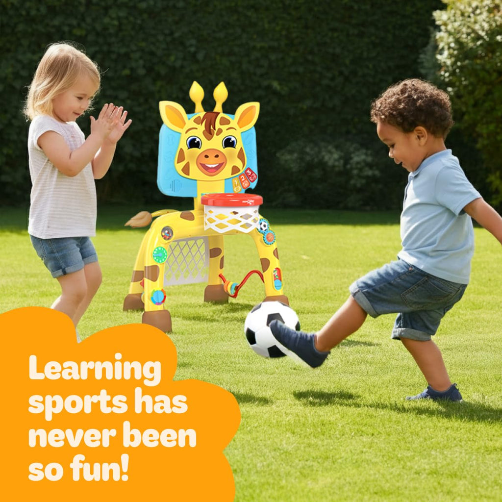 Move2Play, Giraffe Basketball Hoop & Soccer Goal Activity Center | 30+ Sounds & Lights | 1, 2, 3+ Year Old Gift & Birthday Present | 6, 12, 18, 24+ Month Toy For Baby, Toddler, Boys, & Girls