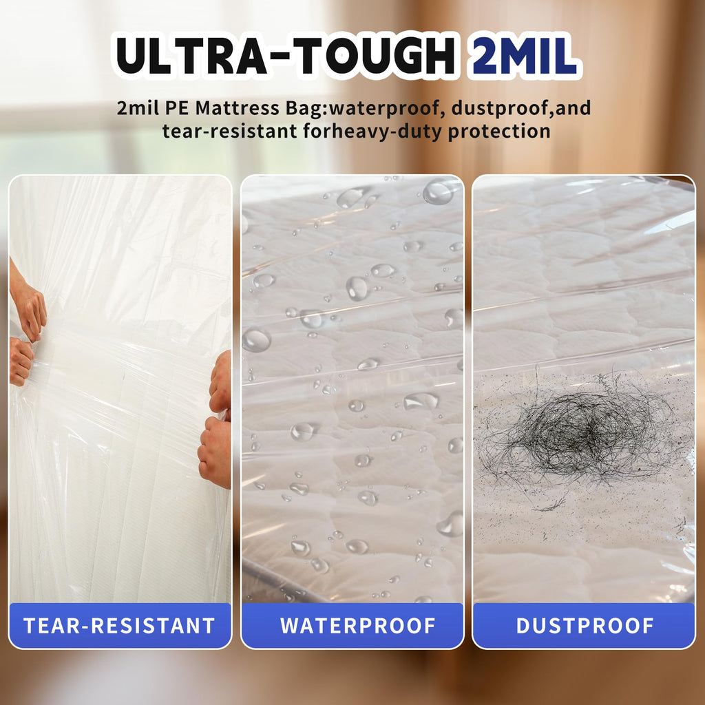 TopSoon Plastic Mattress Bag for Moving and Storage Cover 2PK, 2Mil, King Size Waterproof and Dustproof Mattress Protector, Heavy-Duty Mattress Moving Supplies