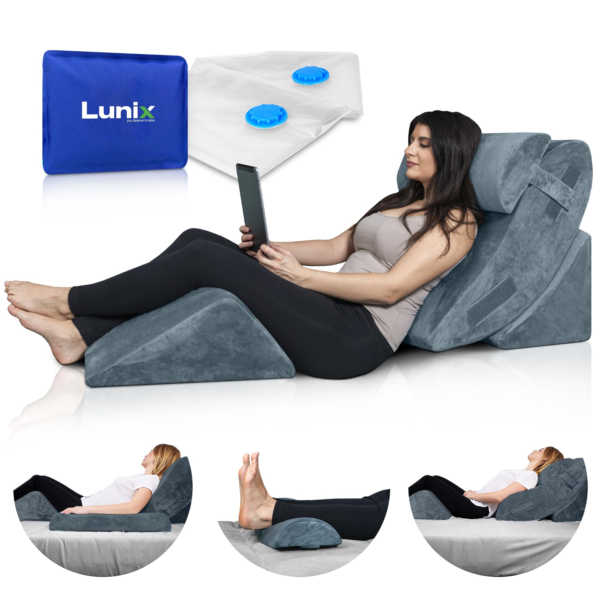 Lunix LX5 4pcs Orthopedic Bed Wedge Pillow Set with Washable Cover, After Surgery Memory Foam Support, Oeko-TEX Certified, Comfort for Sleep and Recovery, with Hot/Cold Pack & Vacuum Bags, Stone Navy