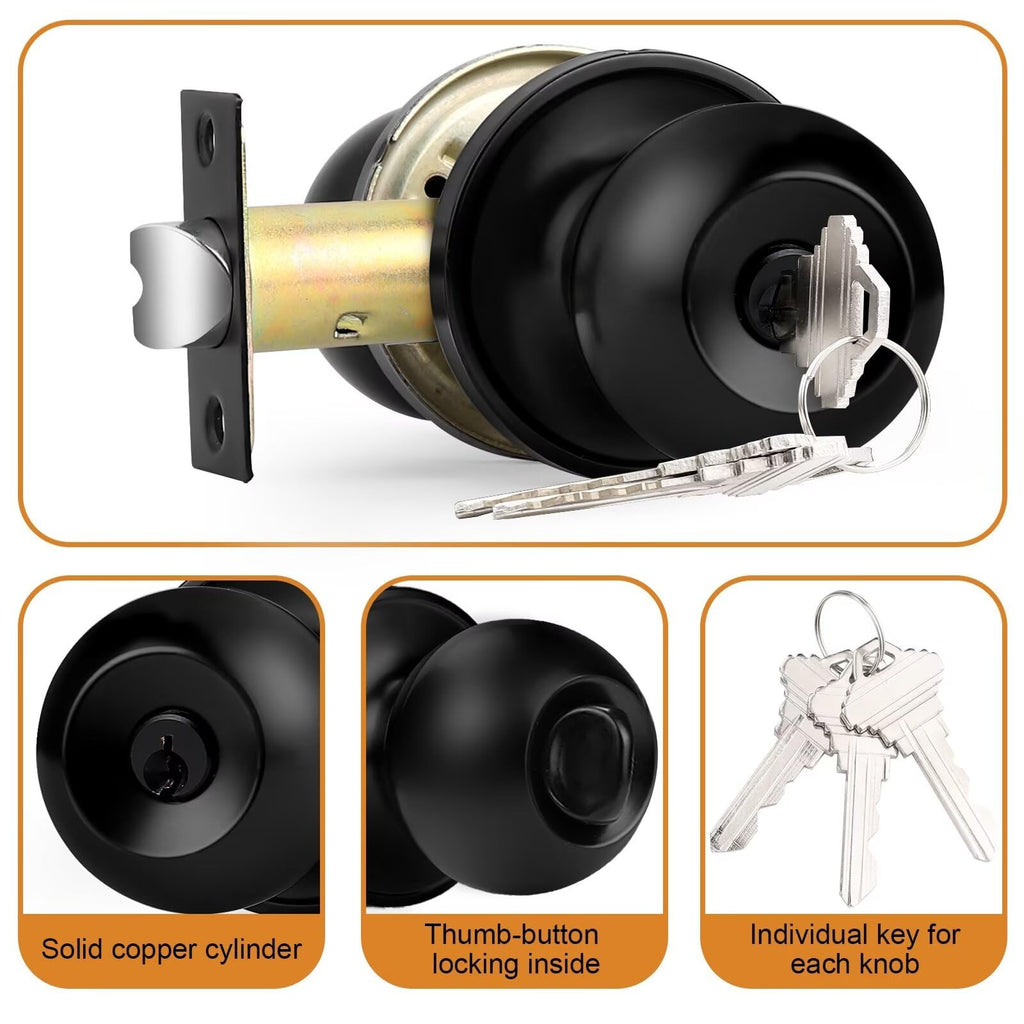 Probrico Black Door Knob Exterior Door Knobs with Lock, Keyed Alike Door Locksets for Front Door, Interior Door Lock with Ball Knob, Black Finished, 5 Pack