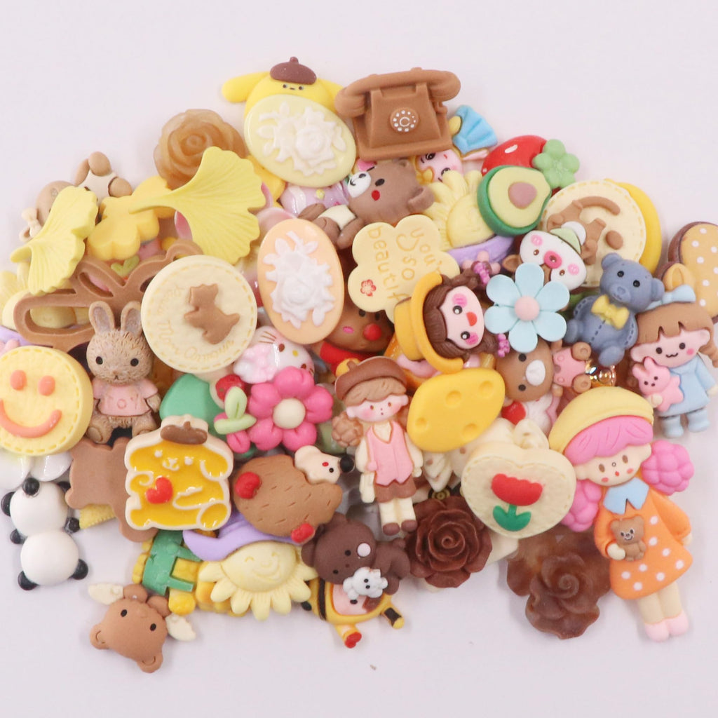 BoFUN 6-Pack Whipped Cream Glue Clay Set with 60+ Resin Charms - DIY Phone Cases Kit Craft for Jewelry, Mirrors & Scrapbooking - Cartoon Slime Charms with Piping Tips (Brown-Yellow)