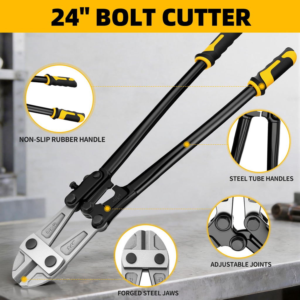 GRENPRO 24” Bolt Cutter, CRV Chrome Vanadium Steel Blade, Yellow & Black Non-Slip Handle, Professional Heavy-Duty Cutter