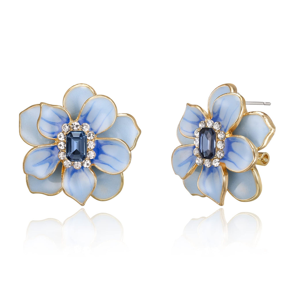 BriLove Stunning Emerald Cut Flower Leaf Stud Earrings for Women Blue
