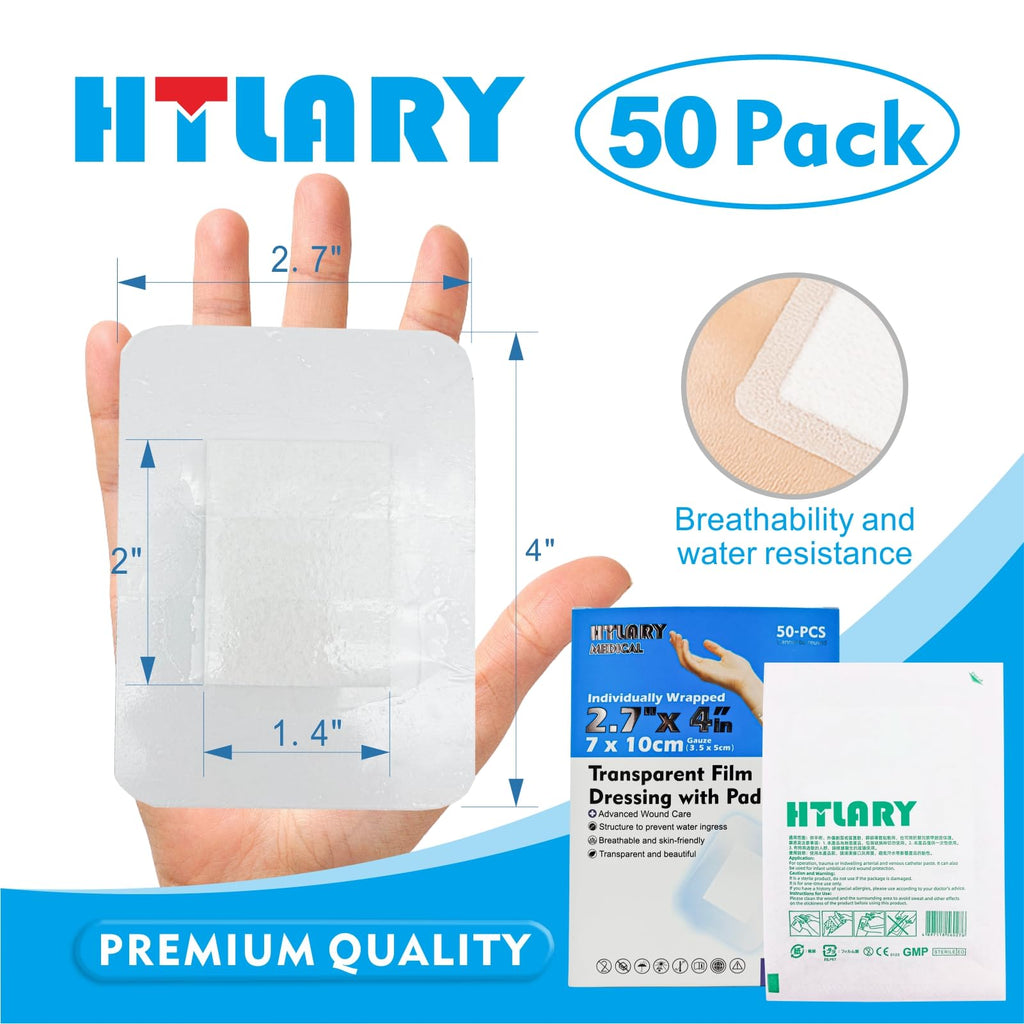 HTLARY Waterproof Transparent Film Dressing with Absorbent Pad 50-Pack Sterile Adhesive Bandages Post-Surgical Wound Cover, Protective Barrier for Sensitive Skin (2.7‘’x4‘’)