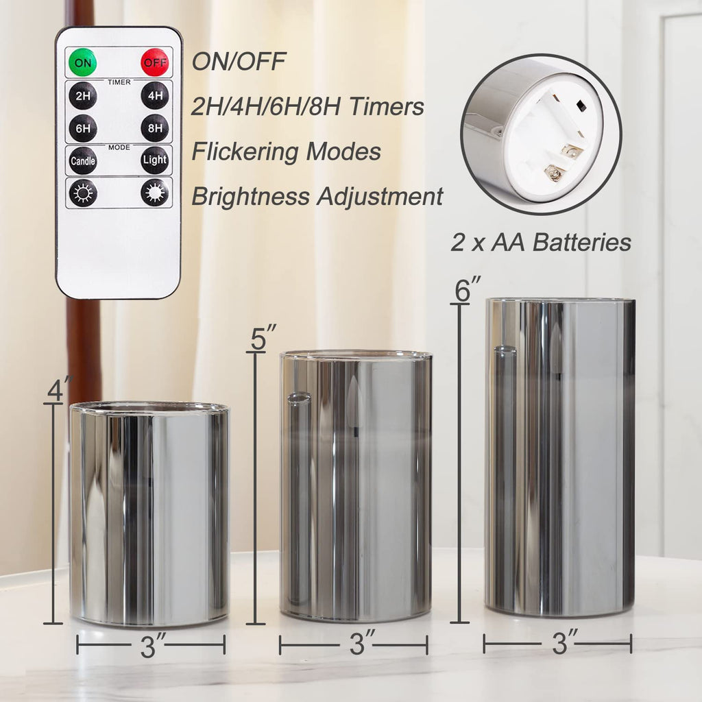 Homemory Grey Glass Flameless Candles, Real Wax, Remote Timer, 3 Pack