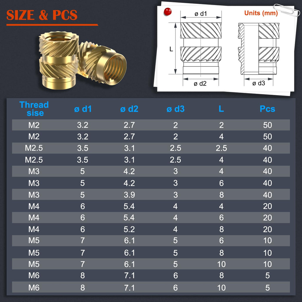 Ktehloy 400Pcs Metric Heat Set Insert, M2 M2.5 M3 M4 M5 M6 Female Thread Knurled Nuts Assortment Kit, Brass Threaded Inserts for Plastic and 3D Printing Components (Threaded Inserts Ket)
