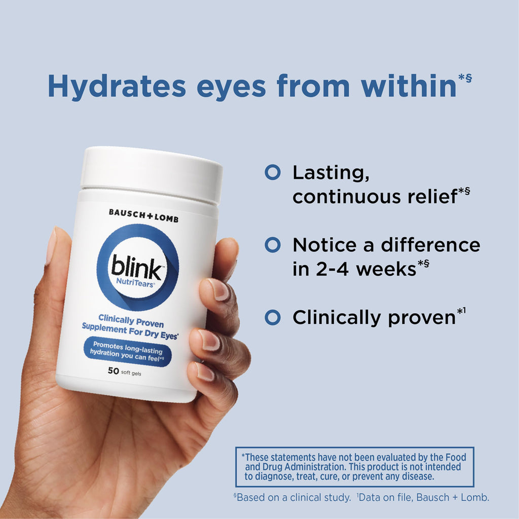 Blink NutriTears Clinically Proven Supplement for Dry Eyes, Eye Care with Lutein & Zeaxanthin and Vitamin D to Hydrate Eyes from Within for Long-Lasting Relief, 50 Softgels