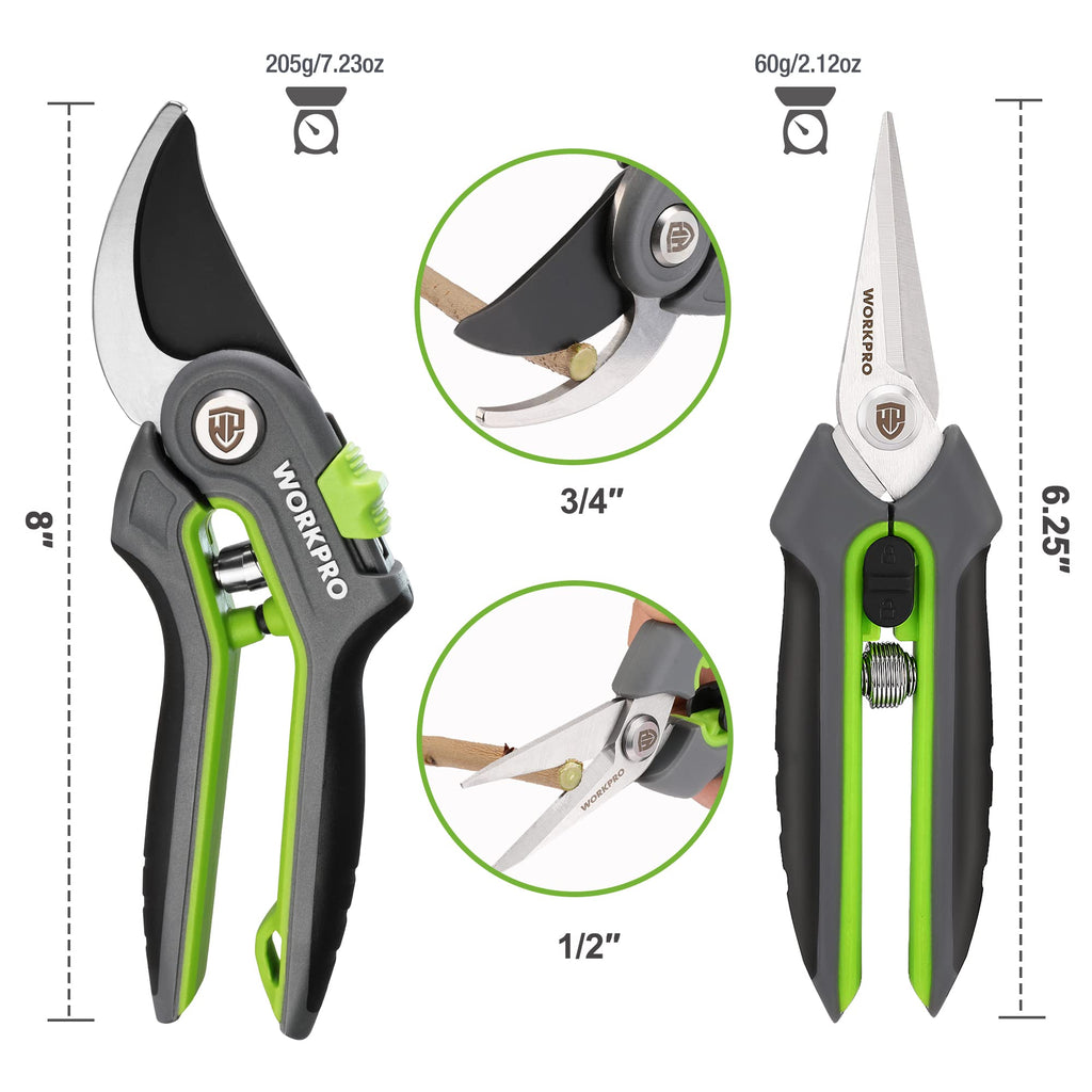 WORKPRO 2-Pack Garden Pruning Shears, 8" Bypass & 6.25" Straight Shears