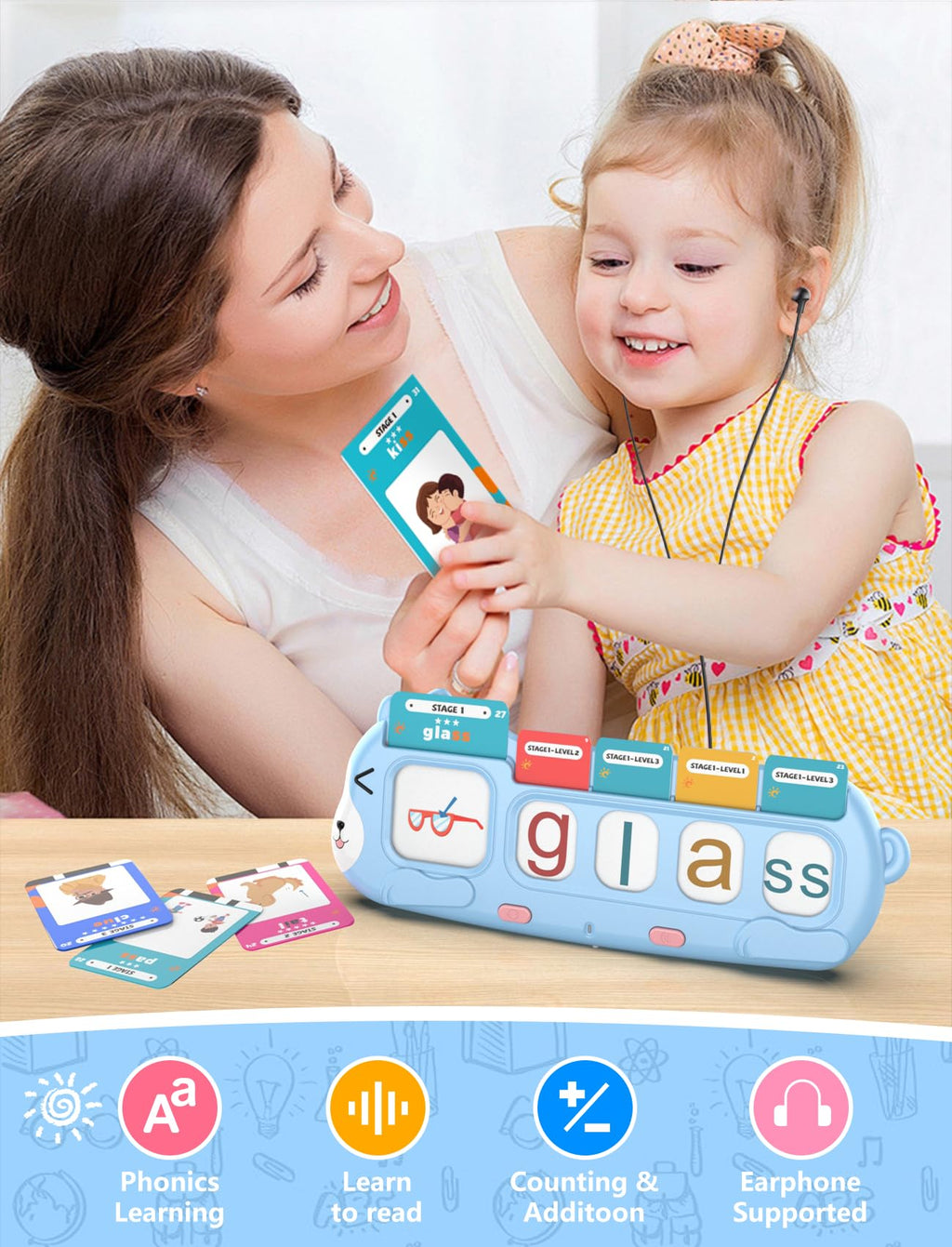 QuTZ Phonics Learning Toy for Preschool Kids – Talking Flash Cards with Sound Machine, Word Blending & Math Games – Educational Reading & Counting Activity Set 4-8