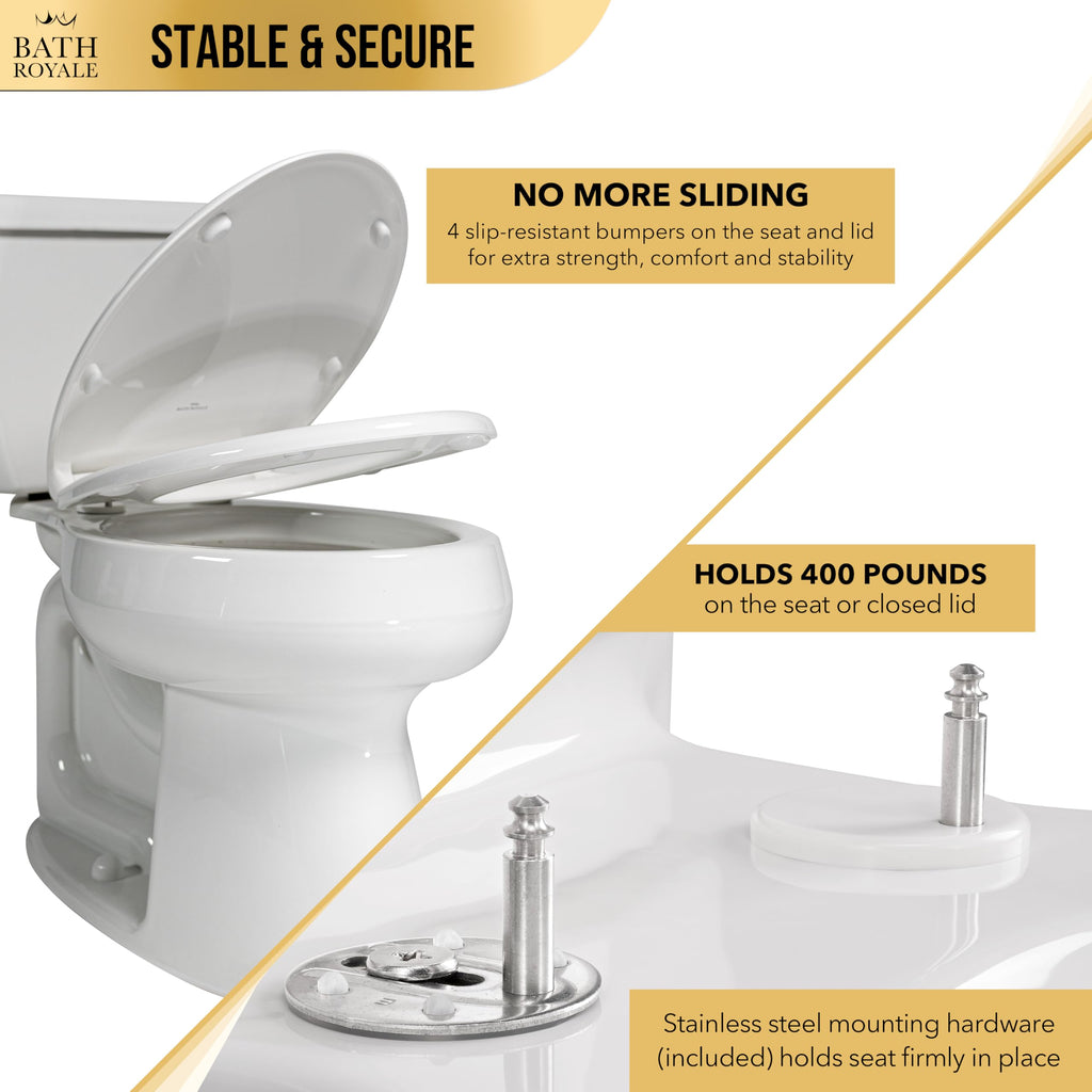 Bath Royale Slow Close Toilet Seat BR501-00 White Elongated, Stain-Resistant and Easy to Keep Clean, Heavy Duty Fits All Toilet Brands, Executive Series