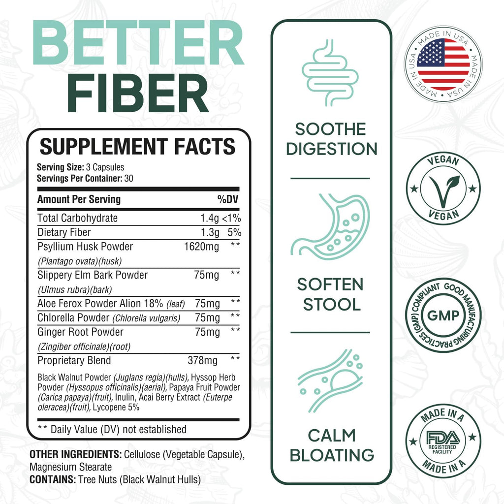 Organics Ocean Better Fiber - Daily Fiber Supplement - Soften Stool for Effortless Bowel Movements - with Psyllium Hulk and Slippery Elm - 3 Bottles