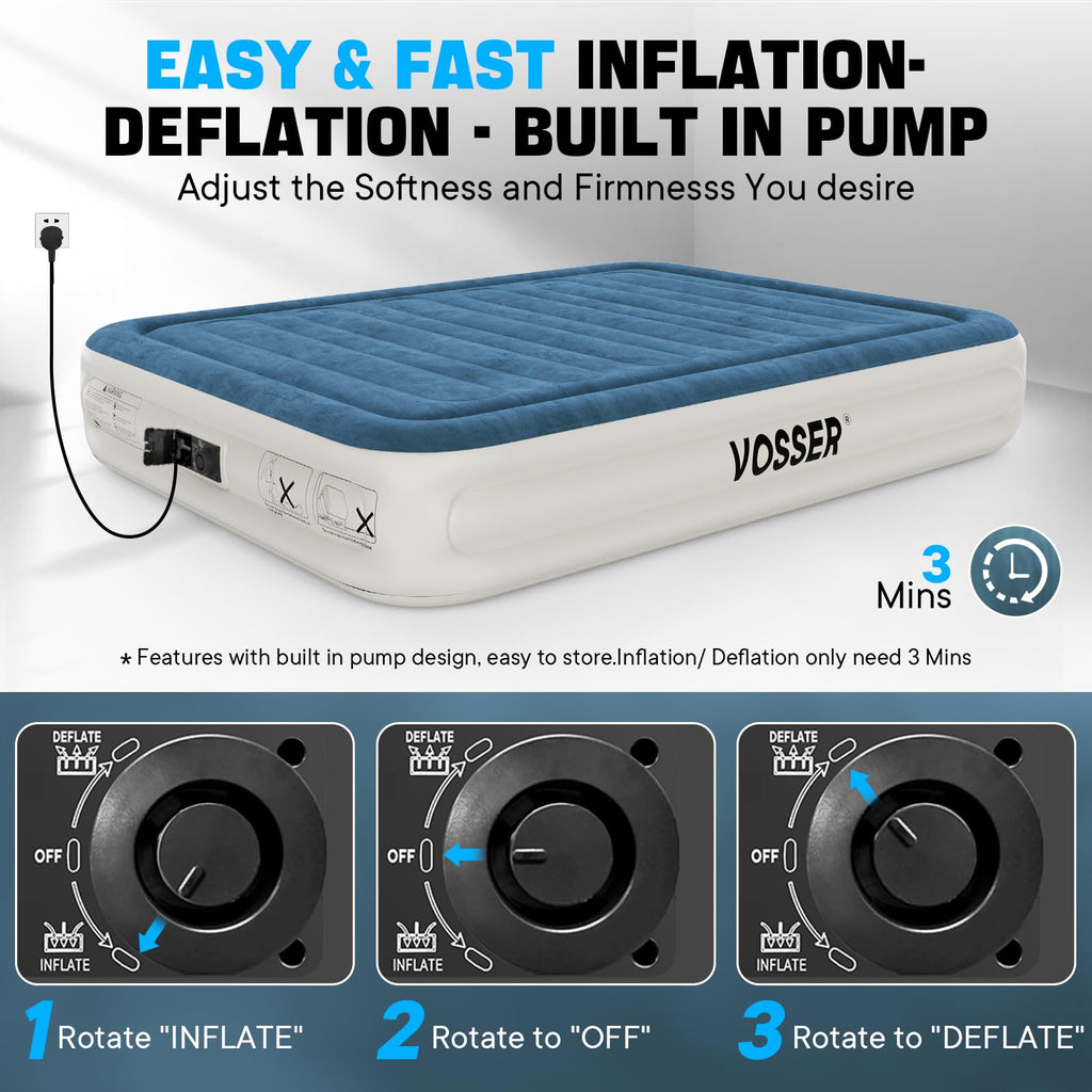 VOSSER Queen Air Mattress with Built-in Pump,Fast & Easy Inflation/Deflation Inflatable Mattress, Foldable Blow Up Mattress with Storage Bag, Inflatable Bed for Home, Camping & Guests