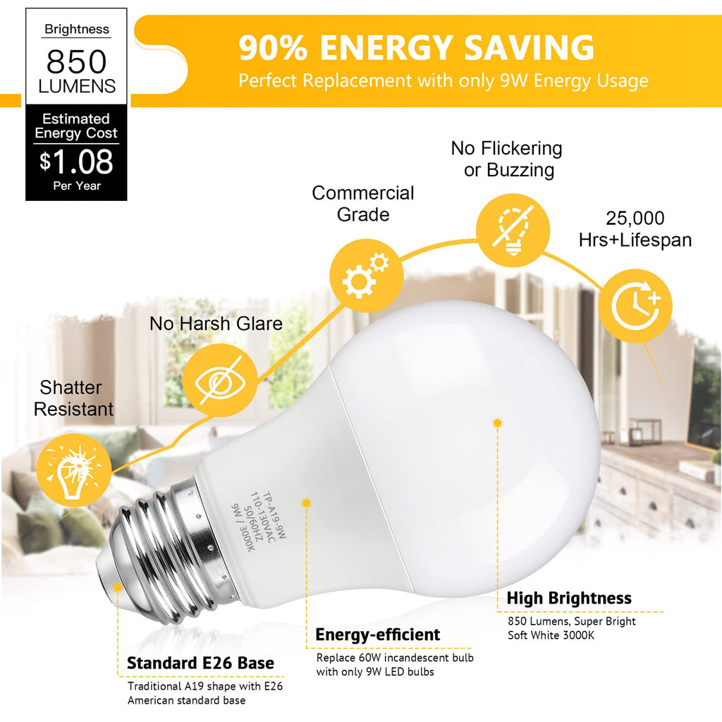 Maylaywood A19 LED Light Bulbs, 60 Watt Equivalent, Soft White 3000K, 850LM, E26 Base, Non-Dimmable, 9W Bright White LED Bulb, 4-Pack