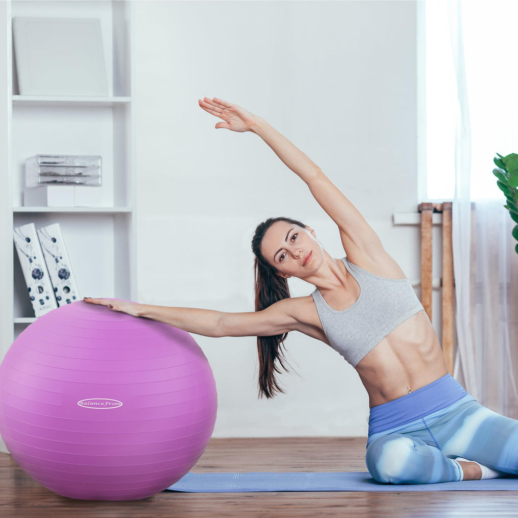 Fitvids Anti-Burst and Slip Resistant Exercise Ball - Yoga, Fitness, Birthing Ball With Quick Pump, 2,000-Pound Capacity, Purple, 26-inch, L