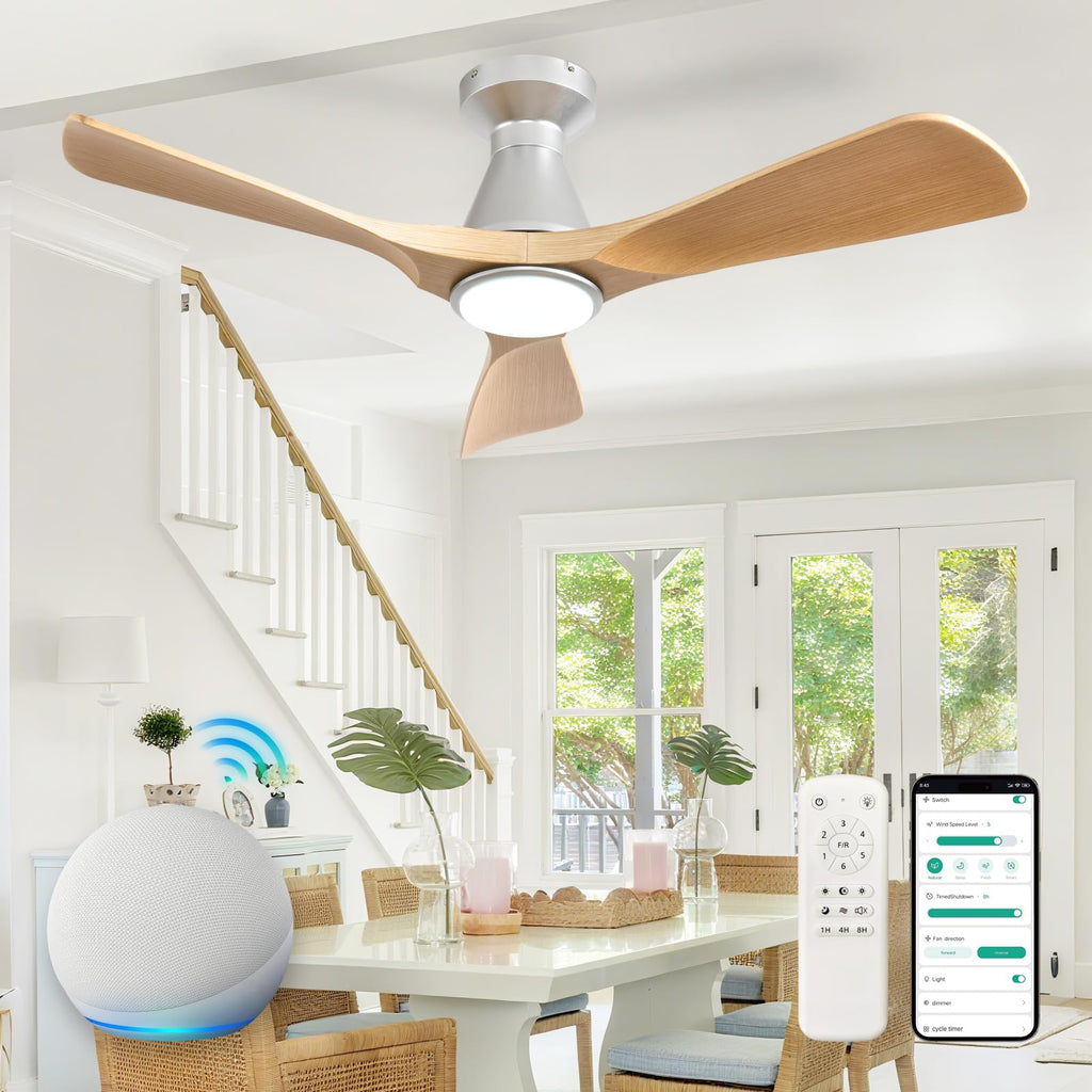Depuley Ceiling Fans with Lights for Bedroom: 42 In Smart Low Profile Ceiling Fan with Voice Alex APP Remote Control - Wood Fandelier Flush Mount Fan 3 Blades Dimmable 3CCT Ultra Quiet