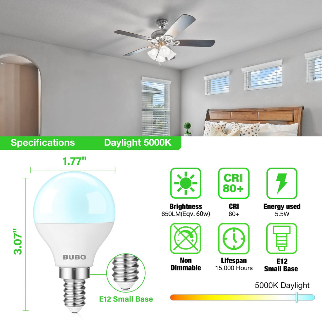 BUBO Ceiling Fan Light Bulbs 60 Watt Equivalent, 5.5W E12 LED Bulb Daylight 5000K, Fan Light Bulb, Small Base LED Light Bulbs 120V, Candelabra Base, Non-Dimmable, 10 Pack