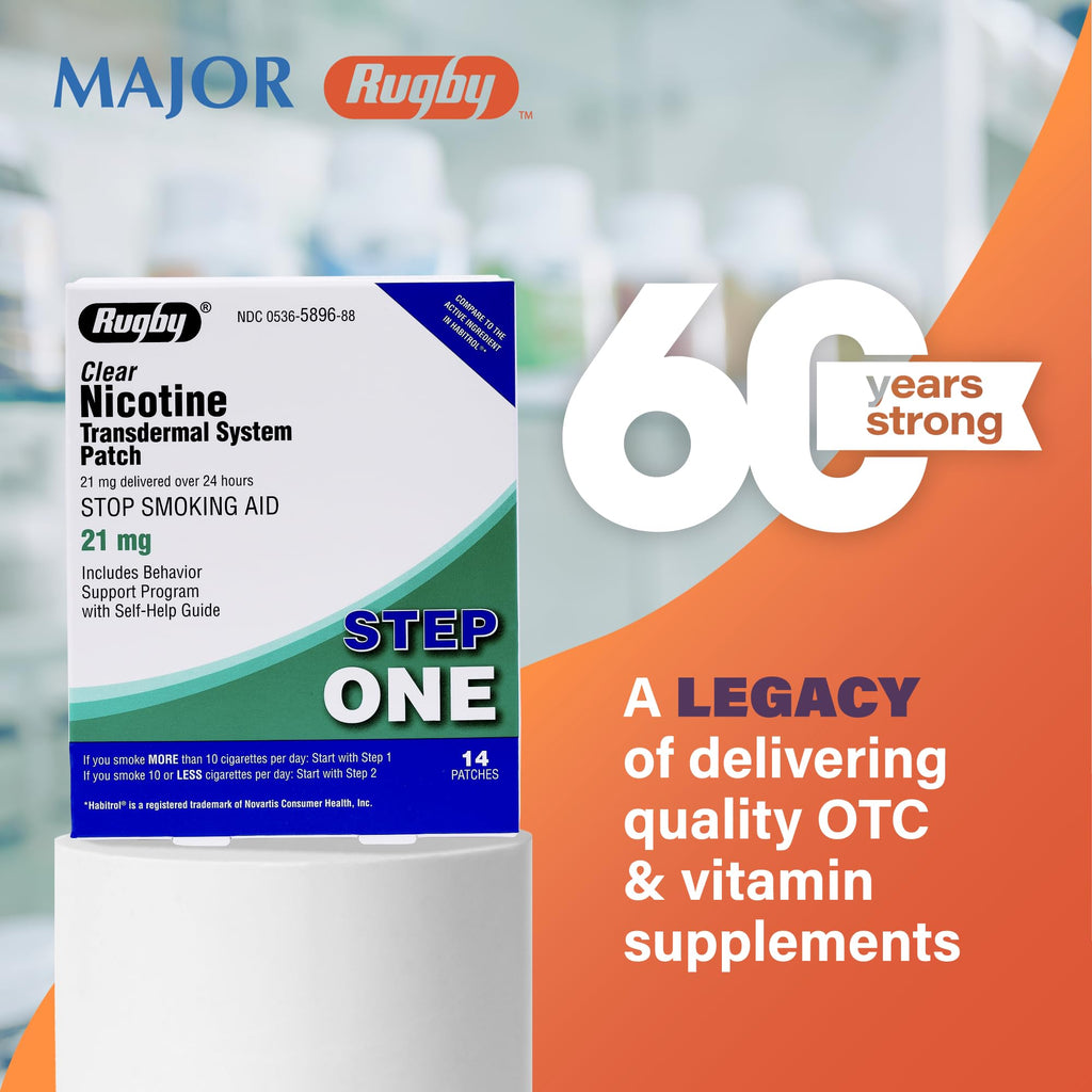 Rugby Clear Nicotine Patches - 21mg Transdermal System Patch - Smoking or Vaping Quitting Aid - Step 1 - 14 Count (1 Pack)