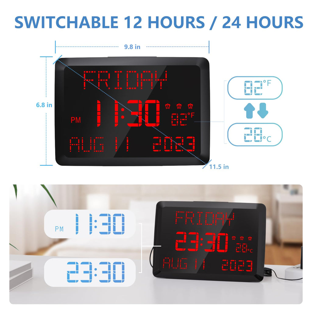 Raynic Digital Clock, 11.5" Large Display Digital Calendar Clock with Day and Date, Indoor Temperature, Adjustable Brightness, Snooze,12/24H, DST for Home, Office, Elderly