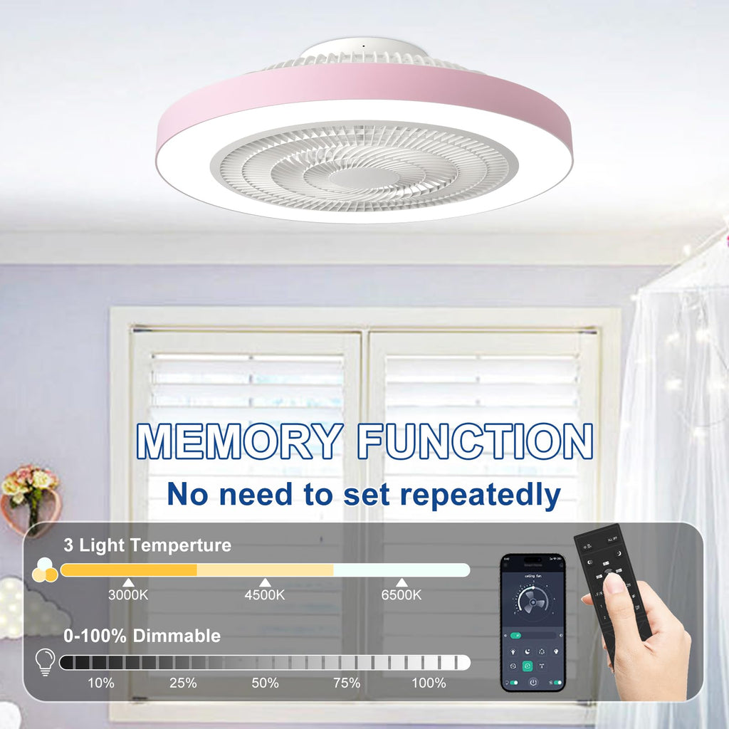 Depuley Bedroom Ceiling Fan with Light: 19" Modern LED Flush Mount Low Profile Ceiling Fans with Remote & Smart APP Control - Pink Enclosed Bladeless Fandelier Dimmable Quiet DC Motor for Kids Room
