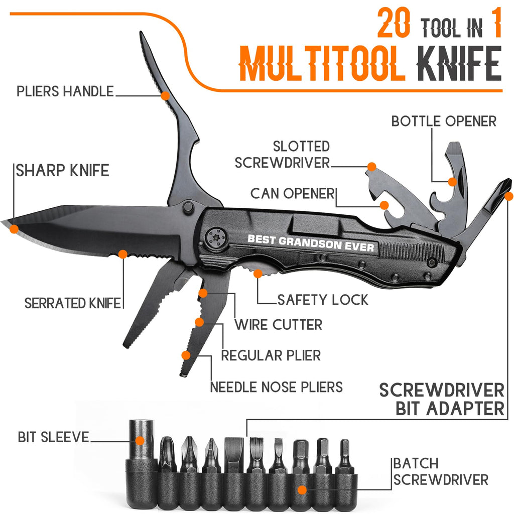 Grandson Gifts from Grandma, Multitool Knife, Grandson Gifts, Grandsons Christmas Practical Gift, Gift for Camping, Hiking, Fishing, 20 in 1 Multitool
