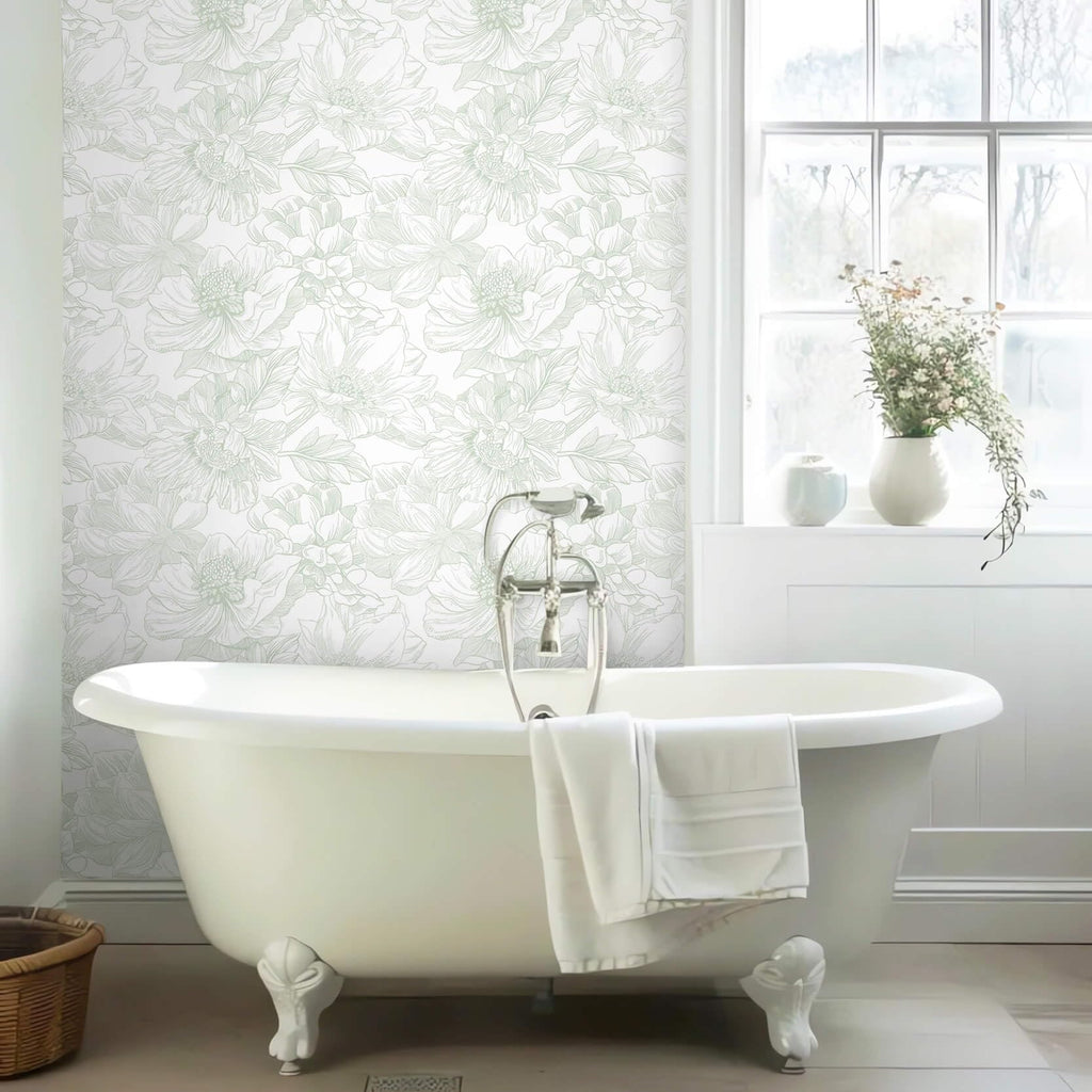 Ismoon Large Floral Peel and Stick Wallpaper Boho White and Green Contact Paper 17.3inx32.7ft Modern Wall Paper Removable Self Adhesive Vinyl Wallpaper for Bedroom Cabinet Bathroom Mural Wall Decor