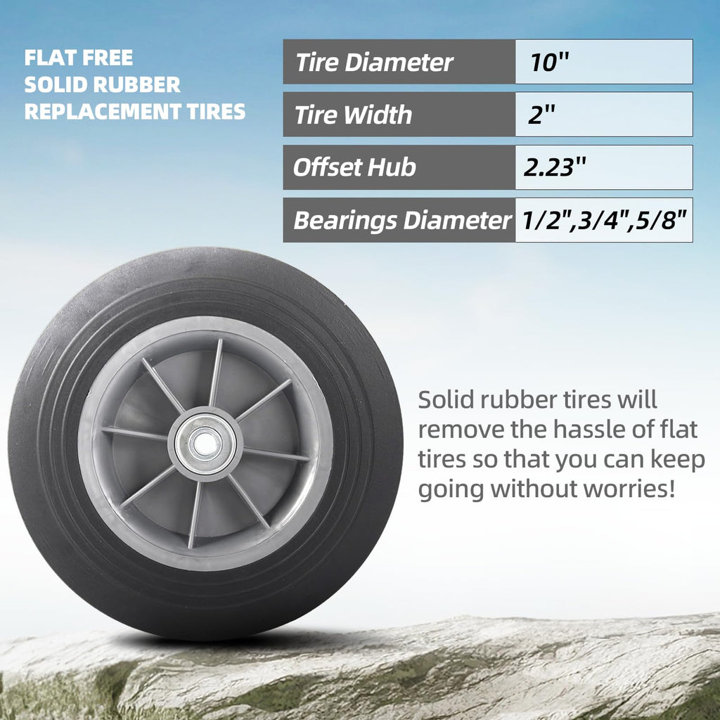 AR-PRO (2-Pack) 10'' x 2'' Flat Free Solid Rubber Tire and Wheel, 3/4" & 5/8" & 1/2" Axles Bore Hole with 2.23" Offset Hub, Replacement 10 Inche Wheel for Dolly Hand Trucks and Wheelbarrows