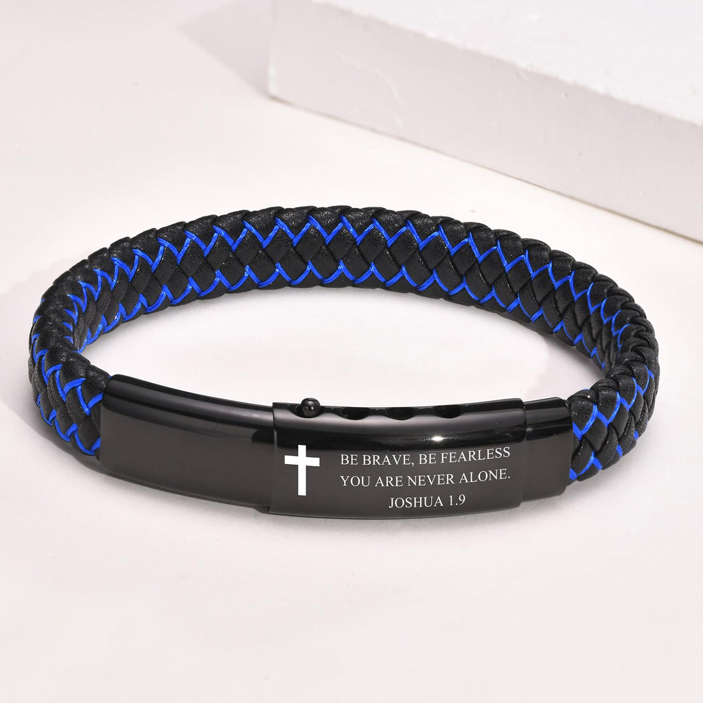 VNOX Christian Gifts For Men - Personalized Religious Gift For Men Inspirational Christian Faith Bible Verse Quote Mens Leather Cross Bracelet, Joshua 1.9