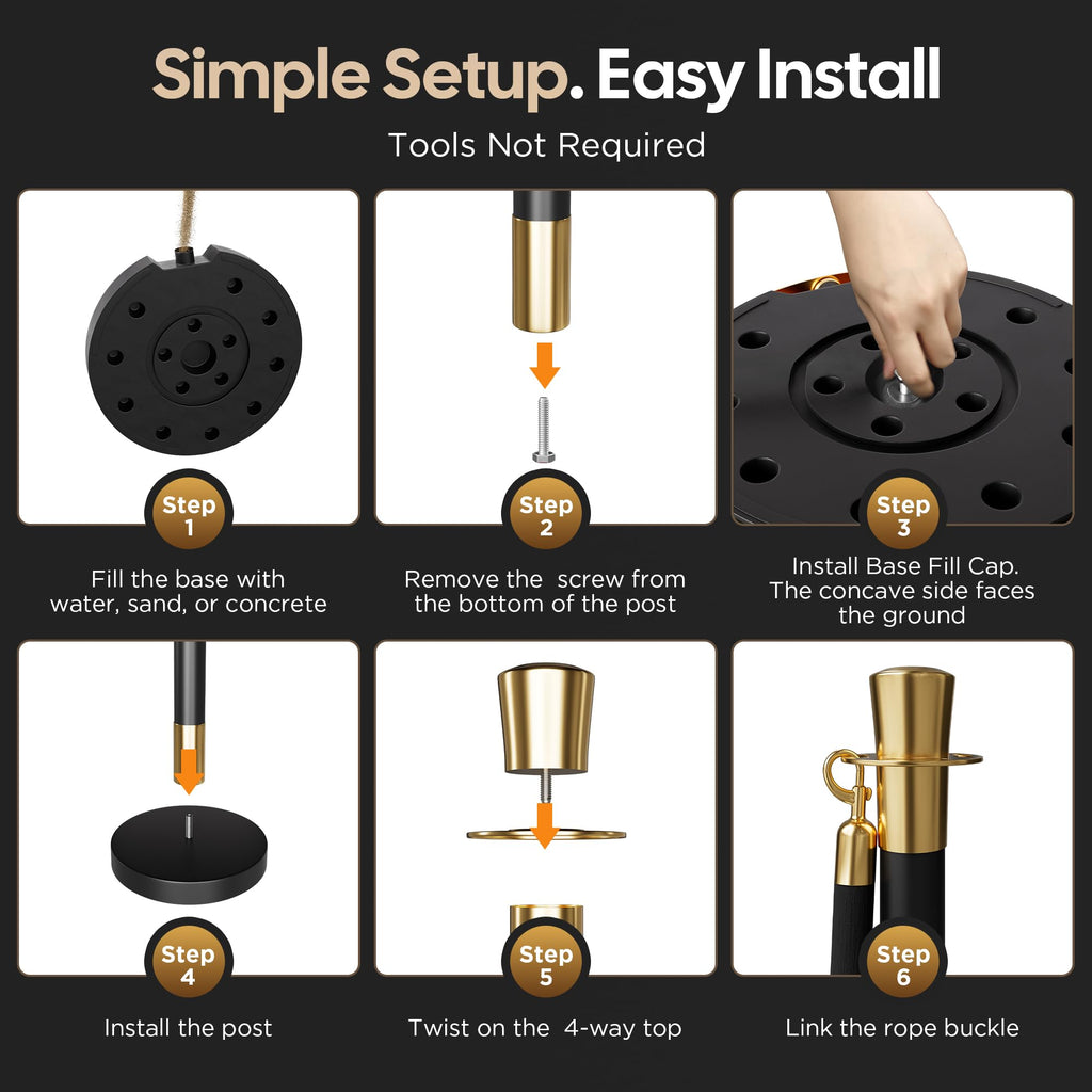 6 Pack Black&Gold Stanchions and Velvet Ropes Set, Stainless Steel Crowd Control Barriers, 4Pcs Black Ropes and Poles for Party Supplies,Photobooth Accessories, Prom,Birthday,Business,Wedding, Museums