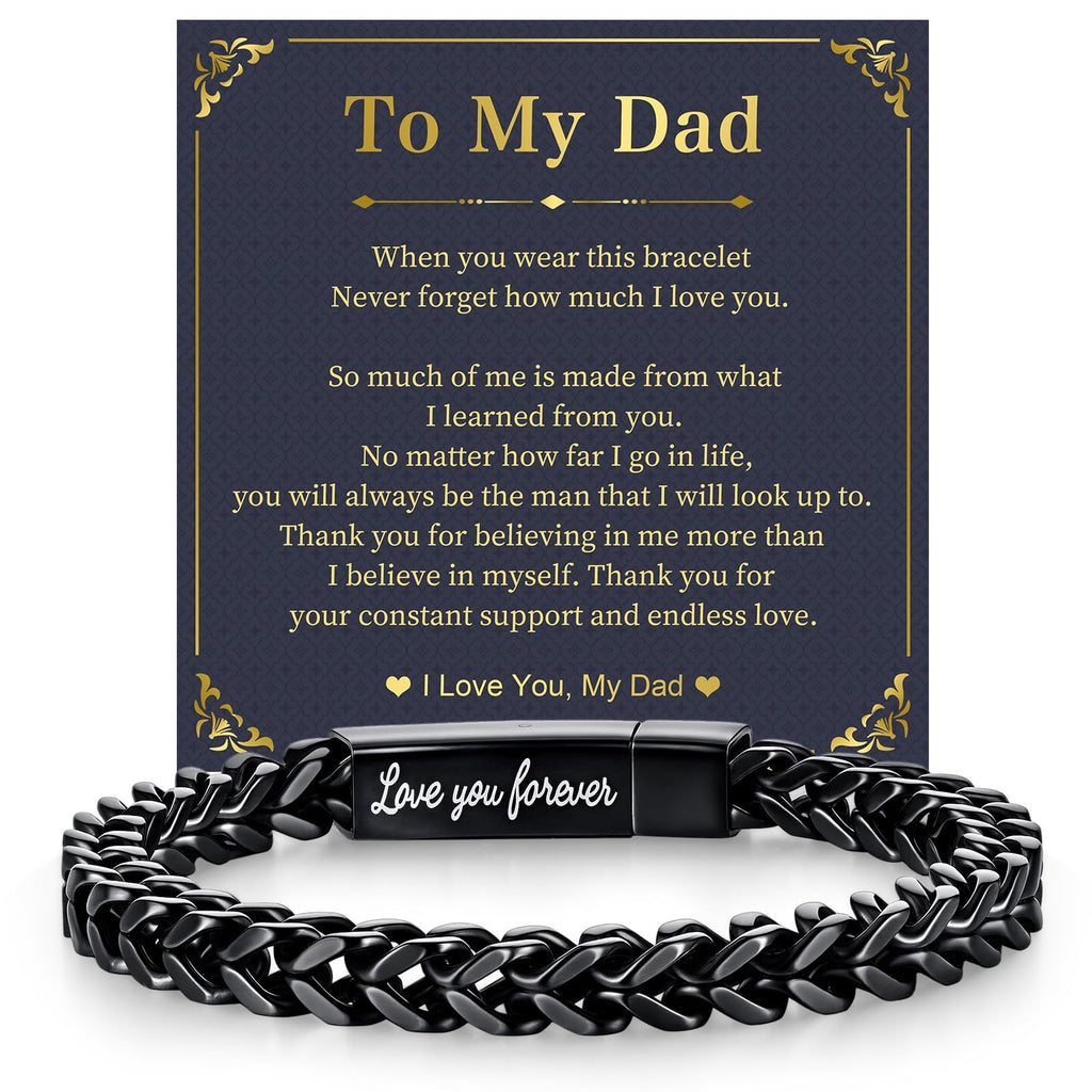 MEALGUET Black Chain Bracelets for Dad : To my Dad Stainless Steel Franco Chains Love you Forever Engraved Link Men's Bracelet to Daddy from Daughter Son, Sentimental Father's Day Birthday Gifts, M