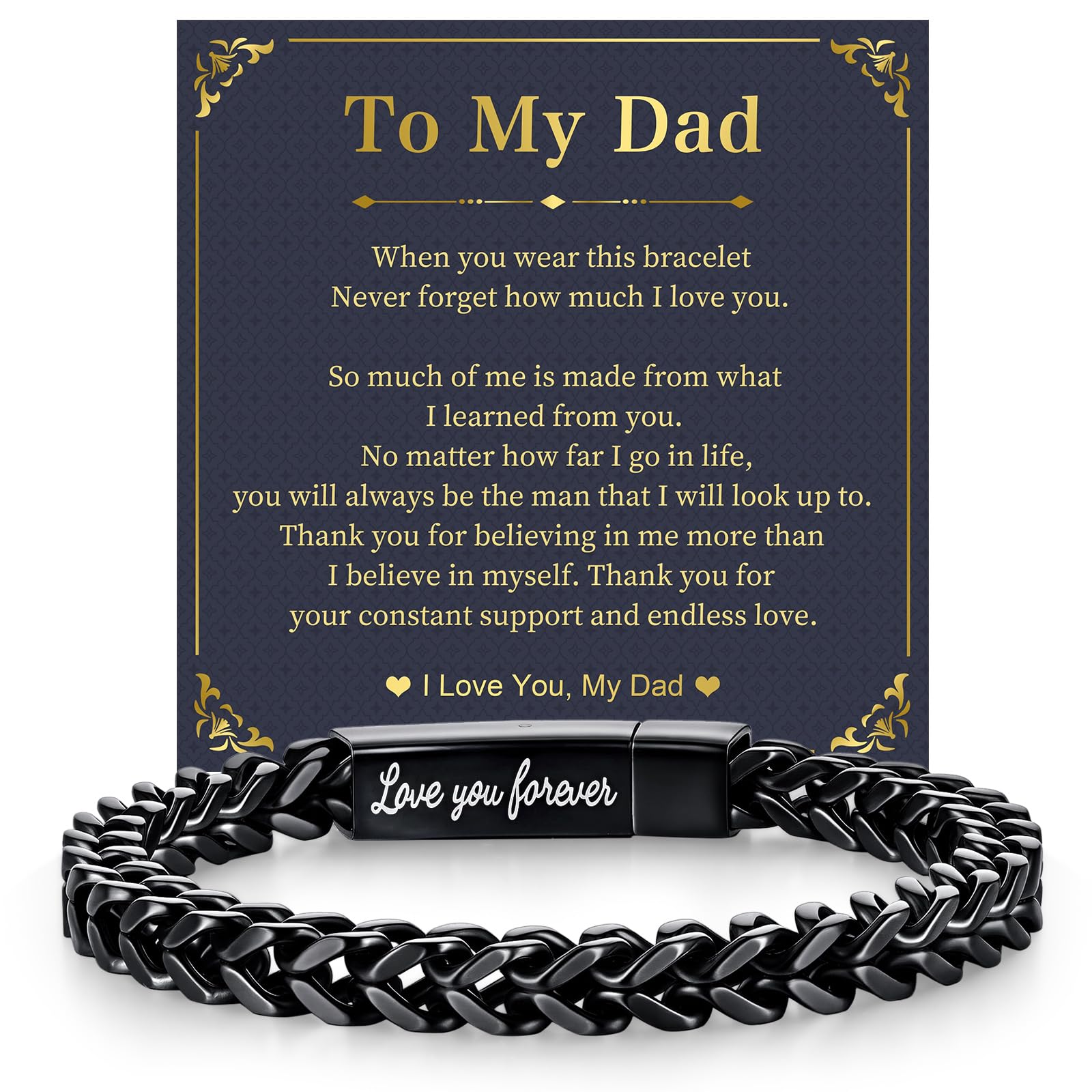 MEALGUET Black Chain Bracelets for Dad : To my Dad Stainless Steel Franco Chains Love you Forever Engraved Link Men's Bracelet to Daddy from Daughter Son, Sentimental Father's Day Birthday Gifts, M