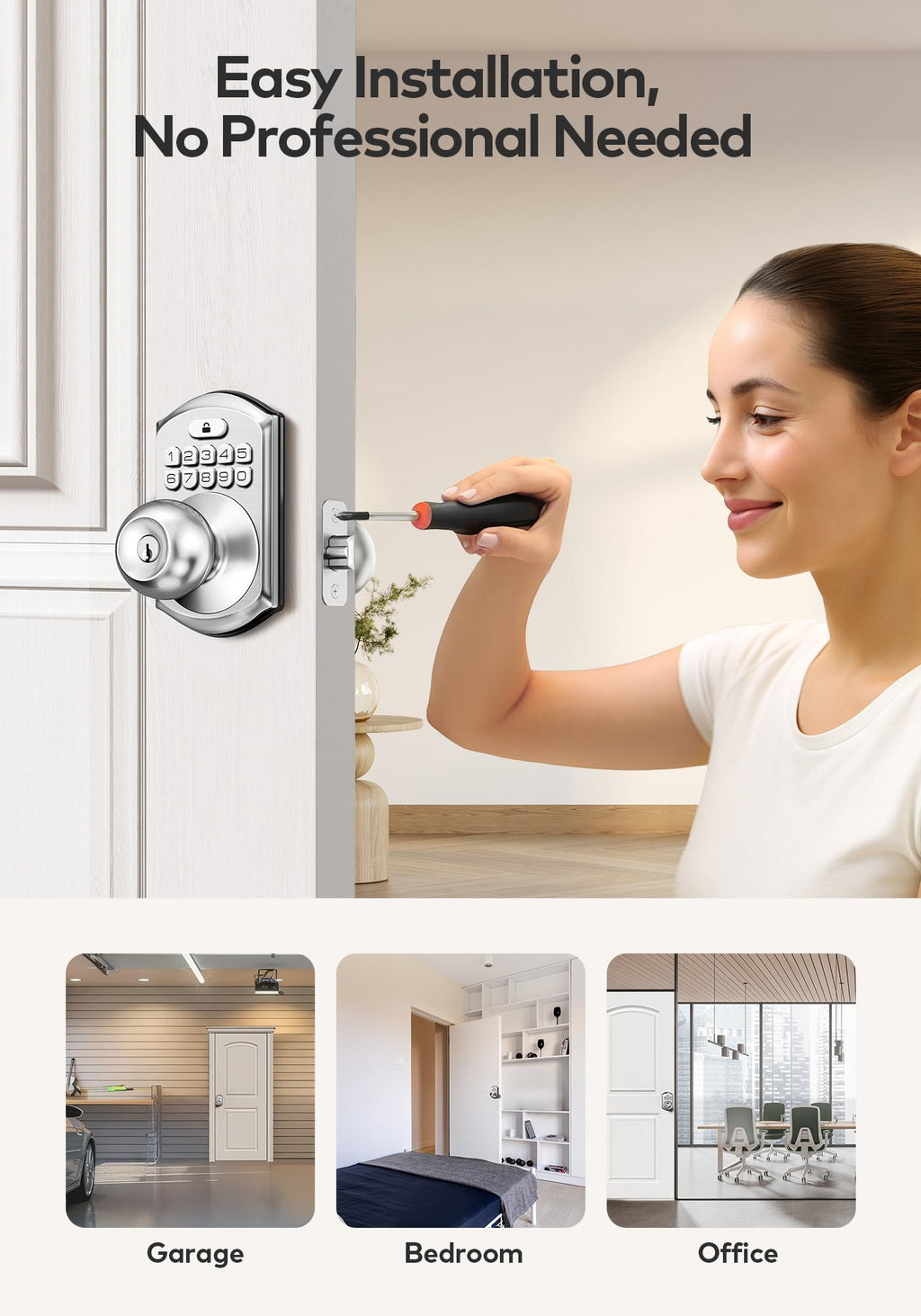 TEEHO TE003 Keyless Entry Keypad Door Lock with Handle, Electronic Digital Smart Locks for Front Door, Smart Door Knob with Code for Bedroom, Auto Lock, Passage Mode, Easy to Install, Satin Nickel