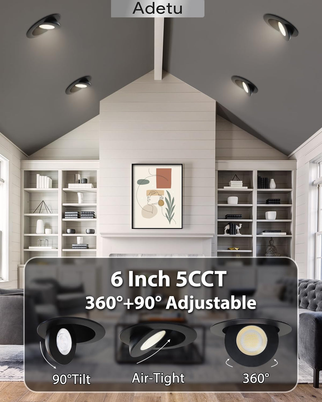 Adetu Recessed Lighting 6 inch, 360°+90° Adjustable Directional 6 inch 5CCT Gimbal Black Led Recessed Lighting, 2700K-5000K Dimmable Retrofit Eyeball Can Recessed Lights with Jbox, ET（Black-12 Pack）