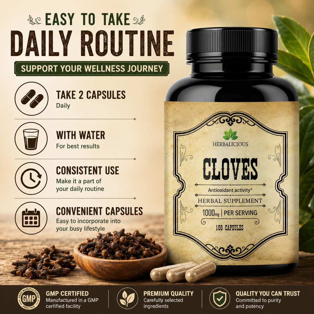 Cloves Capsules - Natural Dietary Supplement - Rich in Vitamins, Minerals, Manganese, Fiber - May Help Strengthen Bones, Promote Digestive Function, Antioxidant Support - 100 Caps