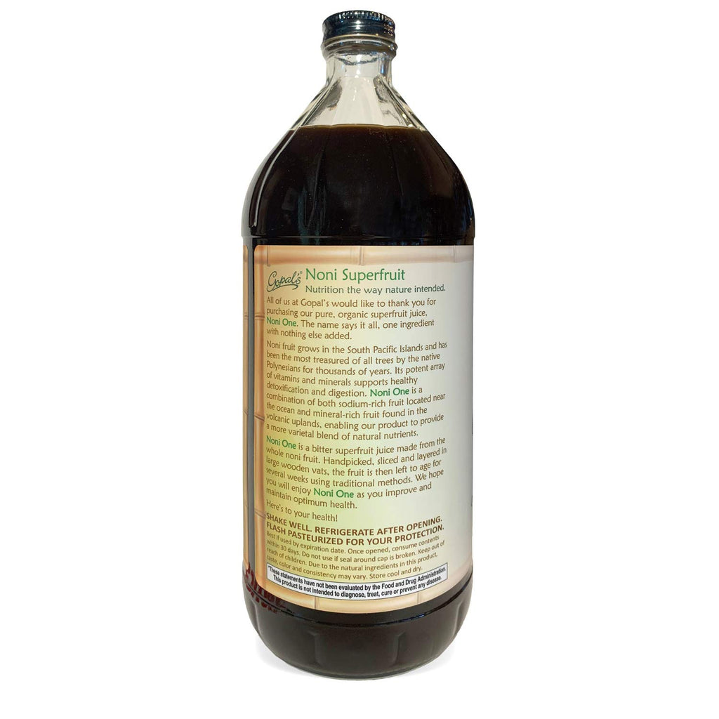 Noni One | 100% Pure Organic Noni Juice - 32oz Glass Bottle (1 qt) | Gluten-Free and Vegan Superfruit Supplement, 30 grams of Noni Juice Per Serving, Vitamin and Antioxidant Rich | Gopal's Healthfoods
