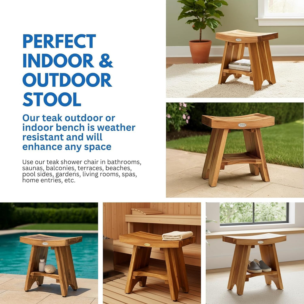 EcoDecors Teak Shower Bench 18", 300 lb Capacity – Waterproof Wood Bath Seat with Shelf, Spa Seating for Adults – Compact Fit for Small Bathrooms & Walk-in Showers – Slip-Resistant Feet
